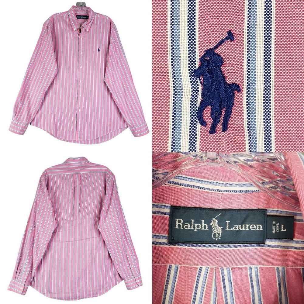Polo Ralph Lauren Shirt Striped Oxford LS Button Down Pink Mens Size Large L